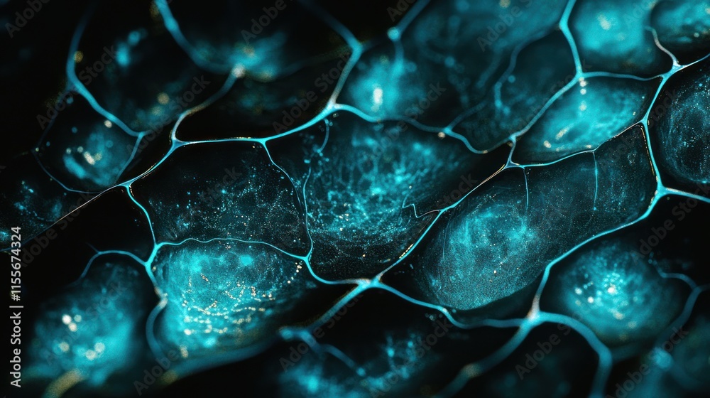 Leinwandbilder microscopic view of vibrant blue cells interconnected by a network.