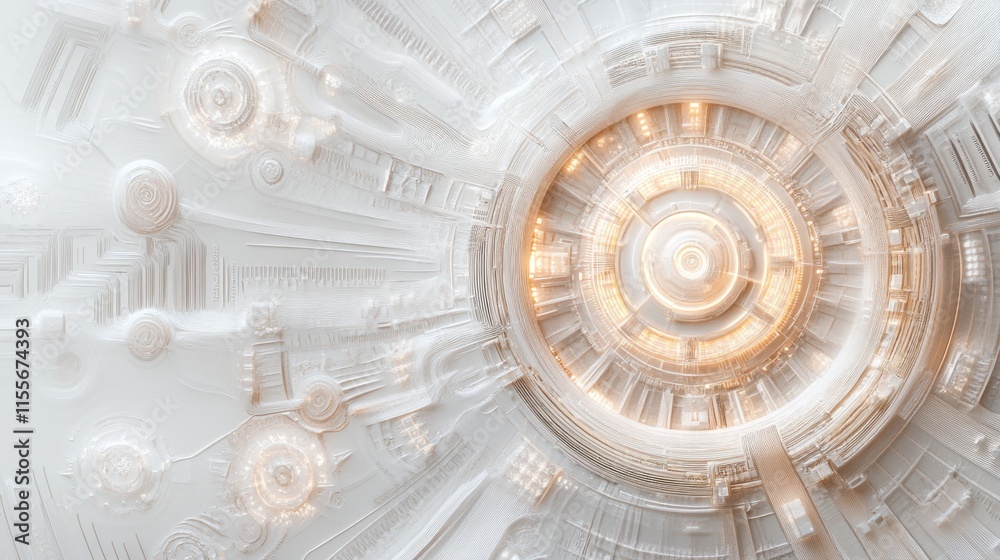 Poster Abstract white technological circular design with glowing center.