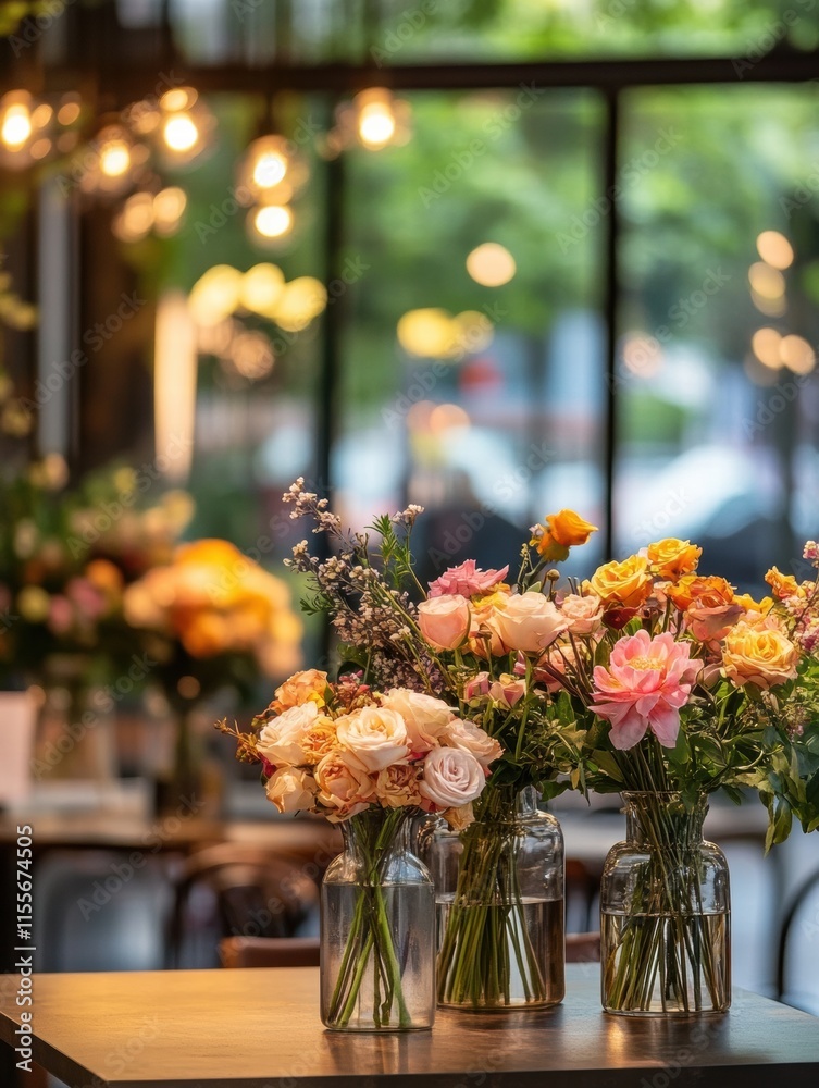 Poster stylish storefront display featuring vibrant flowers in glass vases at a scenic location with warm l