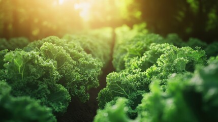 Obraz premium A field of green lettuce plants is growing in the sun