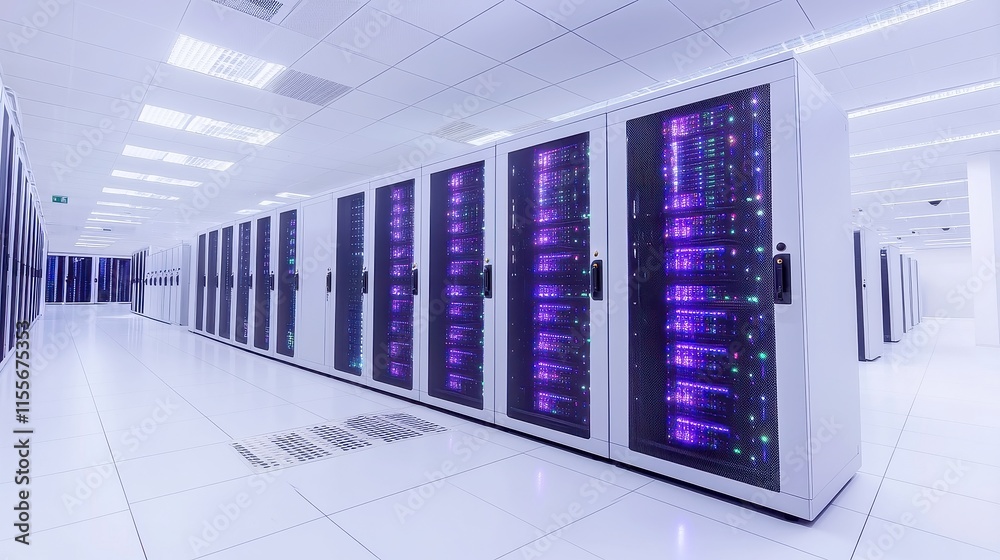 Poster data processing in server room, showcasing intricate math calculations and digital analysis, highlig