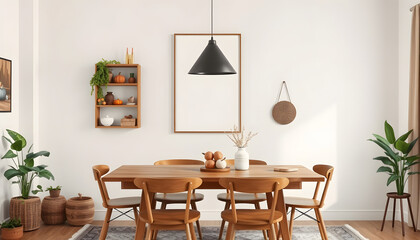 Stylish composition of cozy dining room intrerior with mock up poster frame, wooden family dining table, plants and vintage personal accessories. Copy space. Template. Autumn vibes, color sketch. is