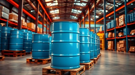 blue barrel drum on pallets in a warehouse, in a strong moody style. Thick fog creates low visibility and low contrast. The image represents the chemical manufacturing industry