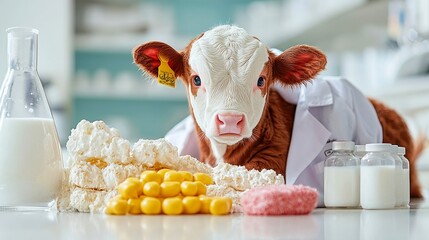 Veterinary Science and Milk Safety, a whimsical scene featuring a calf surrounded by dairy products, adorned in a lab coat, emphasizing the importance of safe milk practices.