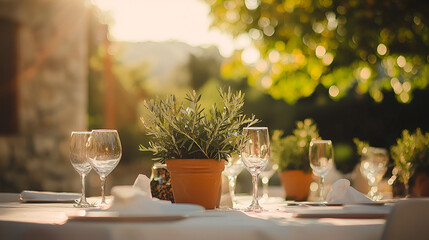 Outdoor table setting with terracotta pots and herbs at sunset.