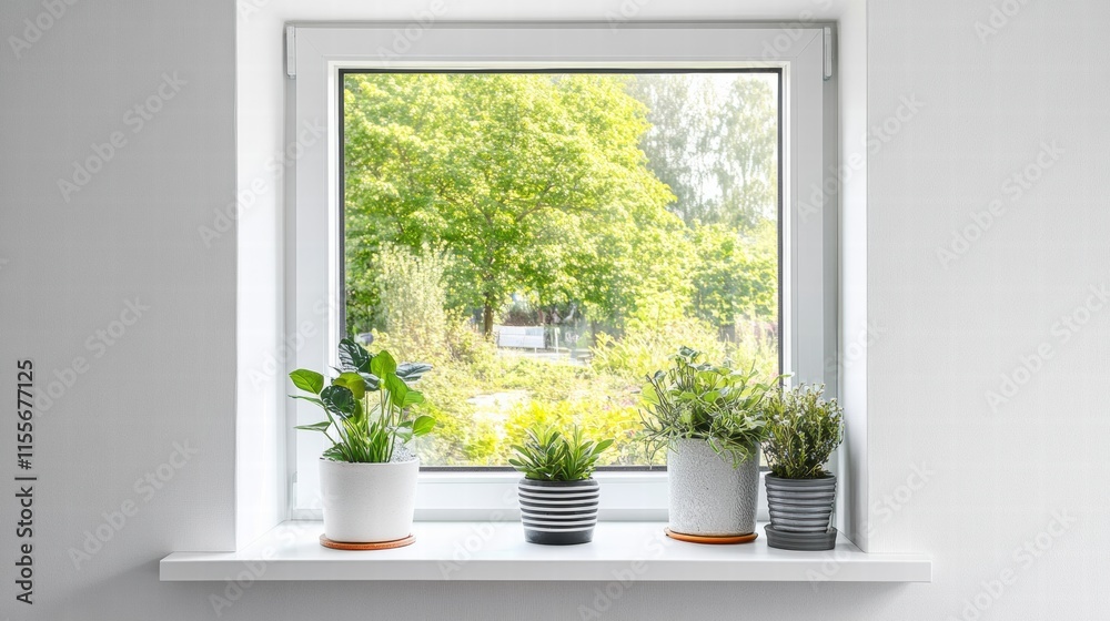 Poster bright garden view from a window with potted plants on a shelf. generative ai