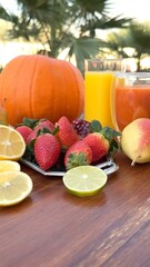 Fresh fruits arranged with vibrant simplicity promote healthy lifestyle balance. Organic citrus and fresh produce highlight natural harmony and healthy tones in refreshing setup.