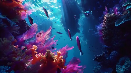 Fototapeta premium Coral reefs are vibrant underwater ecosystems teeming with marine life, formed by the calcium carbonate skeletons of tiny coral polyps. Found in warm, shallow ocean waters, these reefs serve as crucia