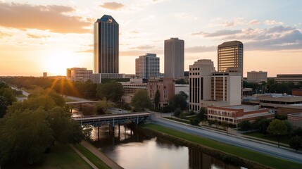 Obraz premium Captivating Sunset Over Urban Landscape: A Stunning Photography of Modern Buildings with Reflective River in the Heart of the City