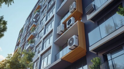 A stylish apartment block showcasing compact air conditioners on the outer walls in a neat arrangement.