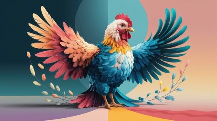 Fototapeta premium Abstract blurred bird with outstretched wings made of textured feathers in a gradient background.