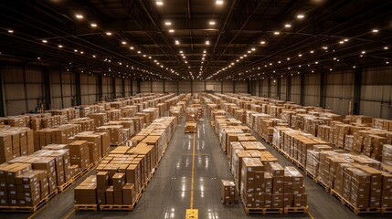 A spacious warehouse filled with neatly stacked cardboard boxes for storage.