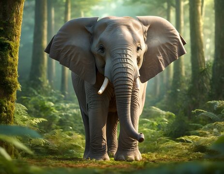 giant cute smiling elephant cartoon character in the dark green forest background closeup shot looking into the camera