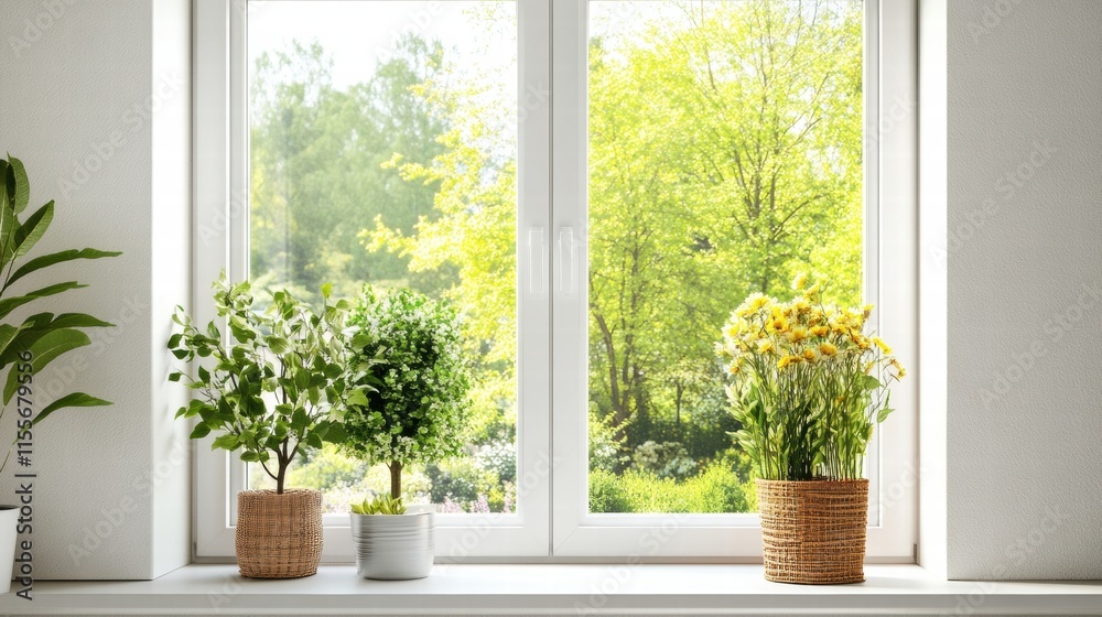 Poster Bright and inviting window view showcasing a colorful garden filled with lush greenery and blooming flowers. Generative AI