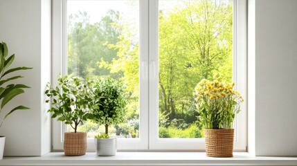 Fototapeta premium Bright and inviting window view showcasing a colorful garden filled with lush greenery and blooming flowers. Generative AI