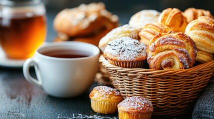 Breakfast, A vibrant image showcasing a basket filled with assorted breakfast pastries, ideal for culinary and food-related projects.