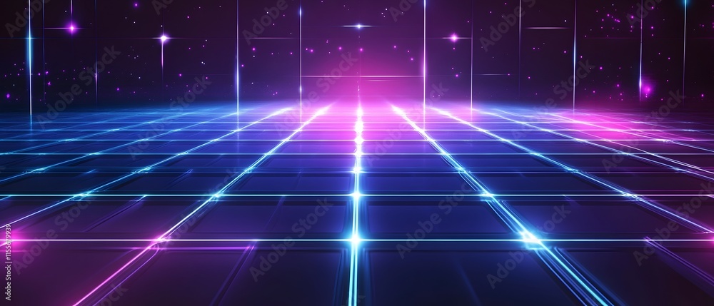 Poster futuristic grid landscape with glowing neon lights and starry sky, ideal for technology concepts, di