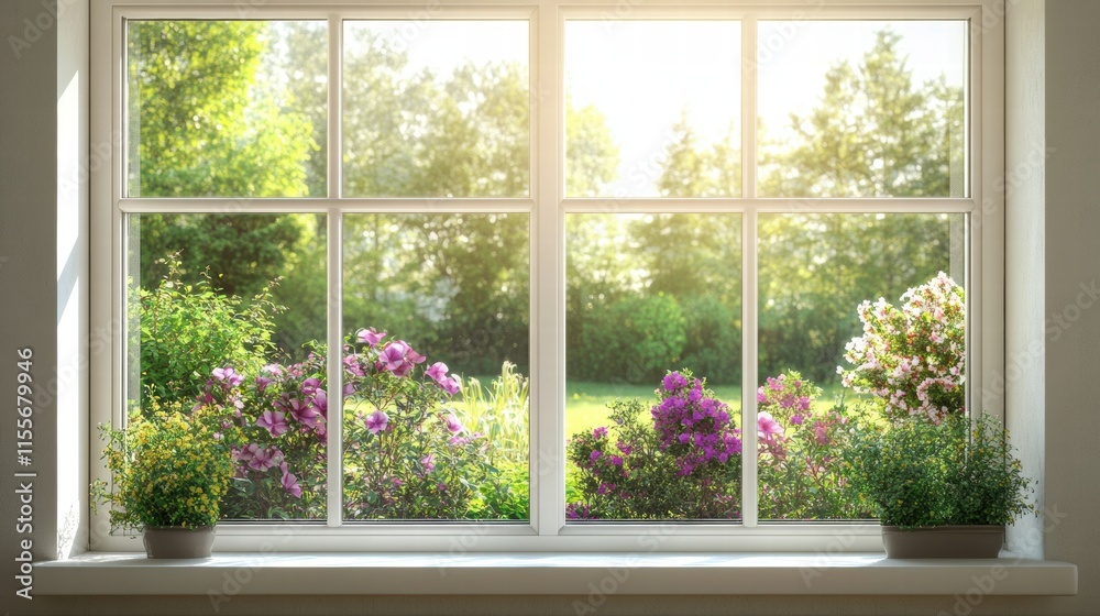 Aufkleber bright garden view from a window featuring colorful flowers and lush greenery during a sunny day. ge