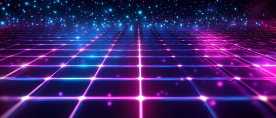 Obraz premium Vibrant Neon Grid with Shimmering Stars and Colorful Light Show, Perfect for Futuristic Backgrounds and Eye-Catching Visuals in Digital Art