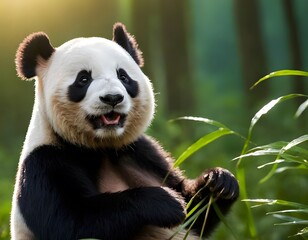 Obraz premium giant cute smiling panda bear cartoon character in the dark green forest closeup shot looking into the camera