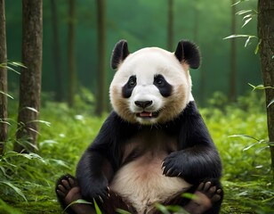 giant cute smiling panda bear cartoon character in the dark green forest closeup shot looking into the camera