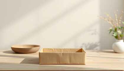 Natural paper box packaging mockup, dinamic scene. isolated with white shades