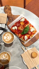 Vegan pizza topped with fresh tomato, white cashew cheese, herbs on wooden board reflects natural flavors. Balanced ingredients promote plant-based dining. Green lifestyle concept. 