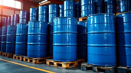 blue barrel drum on pallets in a warehouse, in a strong moody style. Thick fog creates low visibility and low contrast. The image represents the chemical manufacturing industry