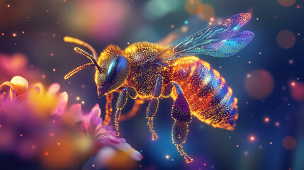 Silhouette of a bee made of glowing, multicolored dots, resembling stars. The vibrant particles form its wings and body, symbolizing nature, pollination, and the delicate balance of the ecosystem.