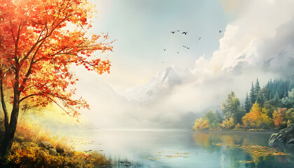 Autumnal Lake Scene with Majestic Mountains and Colorful Trees