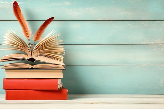 Libros coloridos apilados con plumas en un fondo azul claro y texturizado
