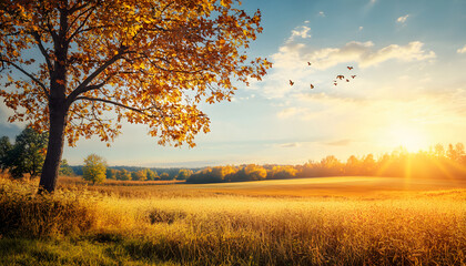 Obraz premium Autumn Sunset Over Golden Field with Tree