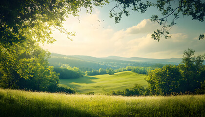 Serene Summer Meadow Landscape With Rolling Green Hills