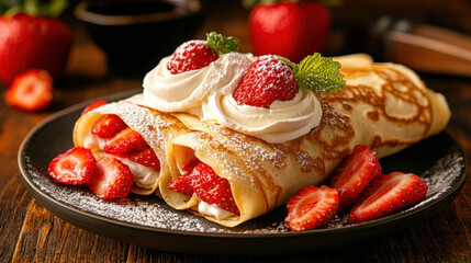 Breakfast, A delicious plate of crepes rolled with fresh strawberries, perfect for food lovers and culinary enthusiasts.