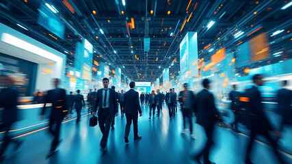 Blurred abstract people in expo event trade show exhibition hall. Business convention or job fair. Business concept background, 16:9 widescreen, 300 dpi, with free space for text