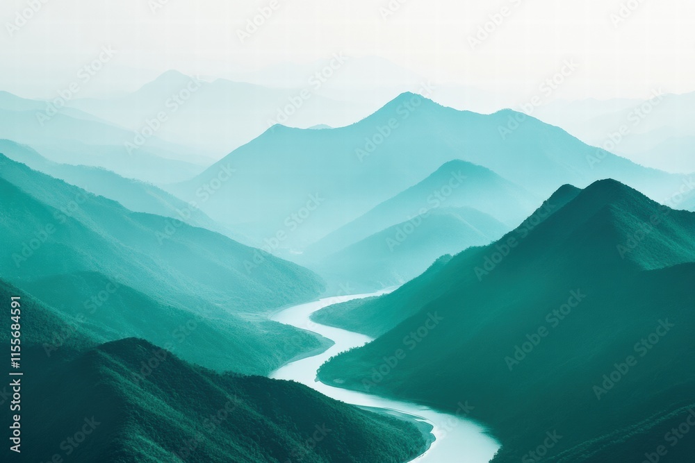 Poster majestic mountain range with a winding river and serene landscape for minimalist design. generative 