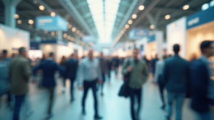 Blurred abstract people in expo event trade show exhibition hall. Business convention or job fair. Business concept background, 16:9 widescreen, 300 dpi, with free space for text
