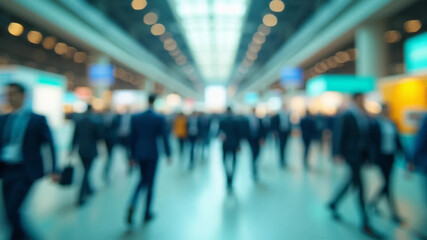 Blurred abstract people in expo event trade show exhibition hall. Business convention or job fair. Business concept background, 16:9 widescreen, 300 dpi, with free space for text