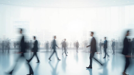 Blurred abstract people in expo event trade show exhibition hall. Business convention or job fair. Business concept background, 16:9 widescreen, 300 dpi, with free space for text