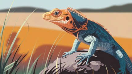 Fototapeta premium Orange-headed lizard in Park perched on a rock in a vivid savannah landscape.
