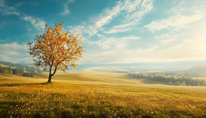 Fototapeta premium Solitary Autumn Tree in Golden Meadow Landscape