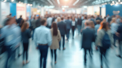 Blurred abstract people in expo event trade show exhibition hall. Business convention or job fair. Business concept background, 16:9 widescreen, 300 dpi, with free space for text