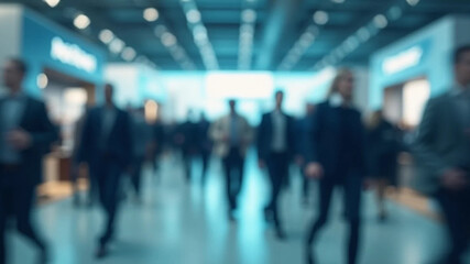 Blurred abstract people in expo event trade show exhibition hall. Business convention or job fair. Business concept background, 16:9 widescreen, 300 dpi, with free space for text