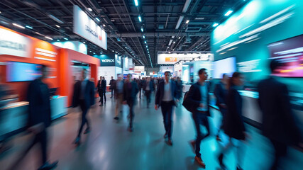 Blurred abstract people in expo event trade show exhibition hall. Business convention or job fair. Business concept background, 16:9 widescreen, 300 dpi, with free space for text