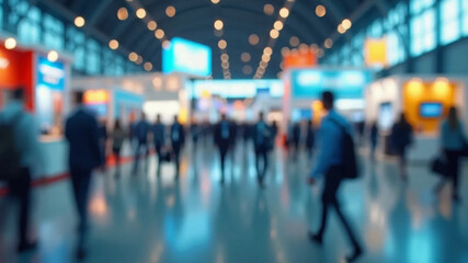 Blurred abstract people in expo event trade show exhibition hall. Business convention or job fair. Business concept background, 16:9 widescreen, 300 dpi, with free space for text