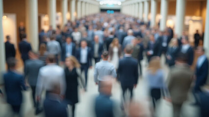 Blurred abstract people in expo event trade show exhibition hall. Business convention or job fair. Business concept background, 16:9 widescreen, 300 dpi, with free space for text