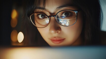 Fototapeta premium Close-up, young Asian business woman with eyeglasses working on laptop computer. Video call using laptop for online meeting and video conference from home office, 8k Rsolution