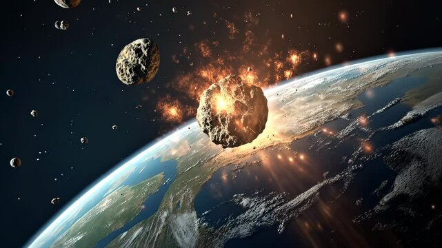 A fiery meteor crashing into Earth with explosions and flying debris
