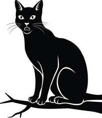 Vector drawing of a black cat with a long mustache sitting on tree branch.
