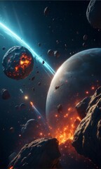 Dramatic space scene featuring a planet, asteroids, and cosmic eruption with bright light effects